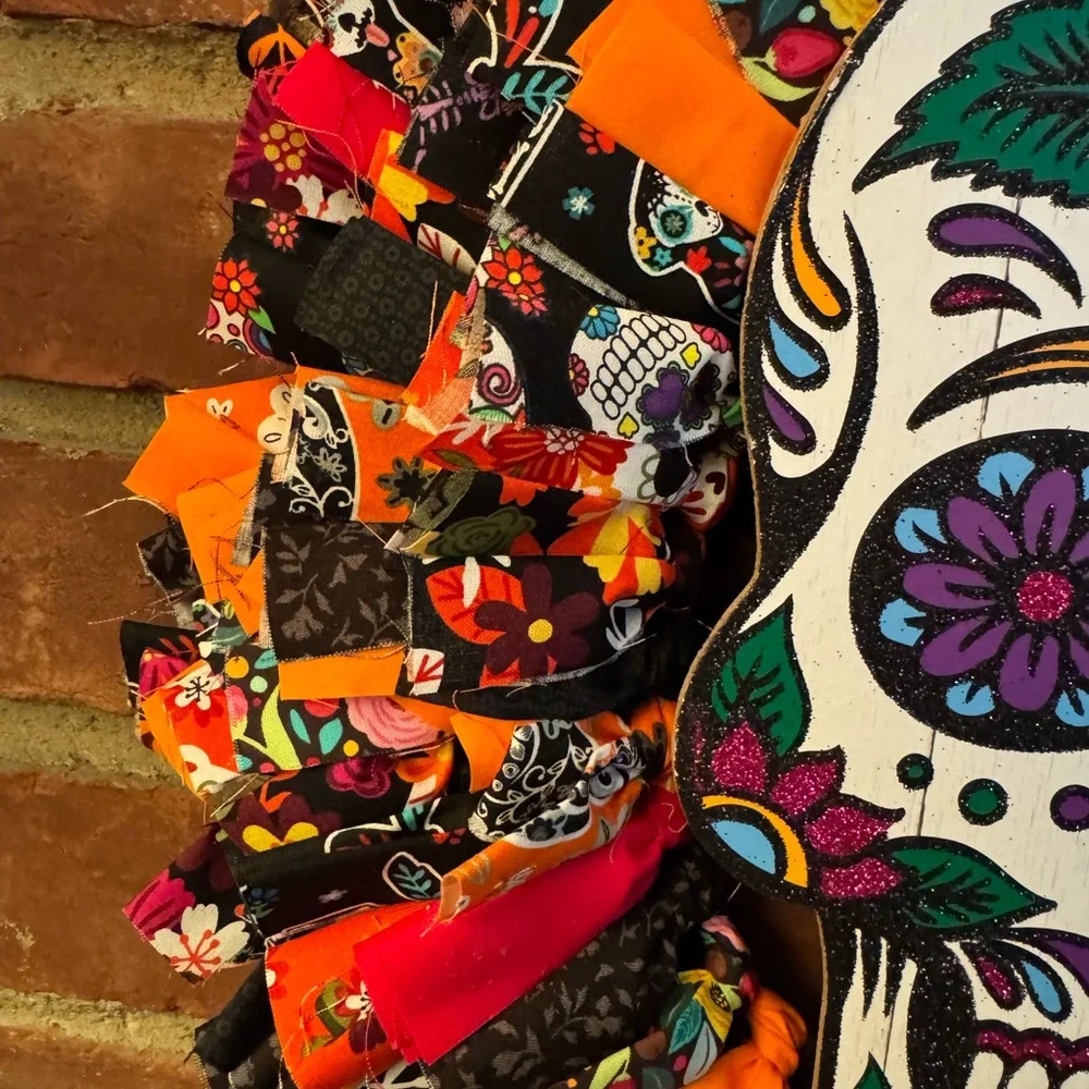 Day of the Dead Skull Halloween Rag Wreath